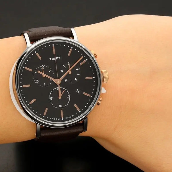 Timex Men's Brown Leather Watch, Black Dial | Tw2t11500 by i-watch