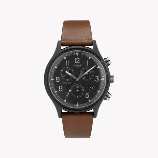 Timex Men's Brown Leather Watch, Black Dial | Tw2t29600