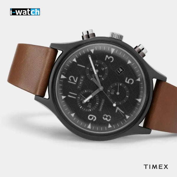 Timex Men's Brown Leather Watch, Black Dial | Tw2t29600