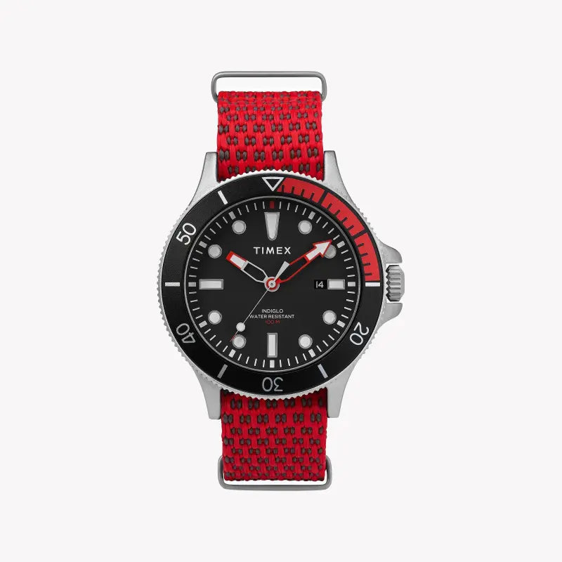 ساعة TIMEX MILITARY ALLIED TW2T30300 - ساعة للرجال بسوار من القماش الأحمر مع قرص أسود وإضاءة ليلية INDIGLO