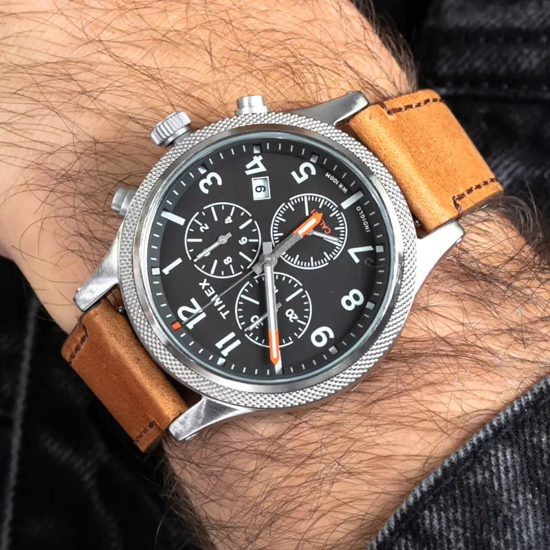 Timex Men's Brass Brown Leather Watch, Black Dial | Tw2t32900