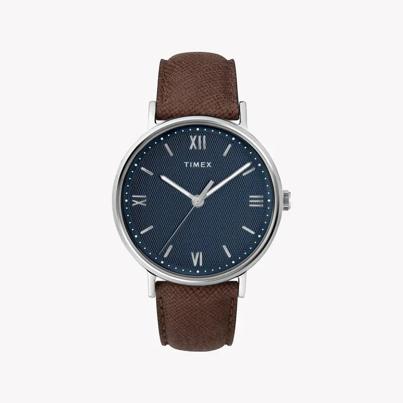 Timex Men's Brown Leather Watch, Blue Dial | TW2T34800