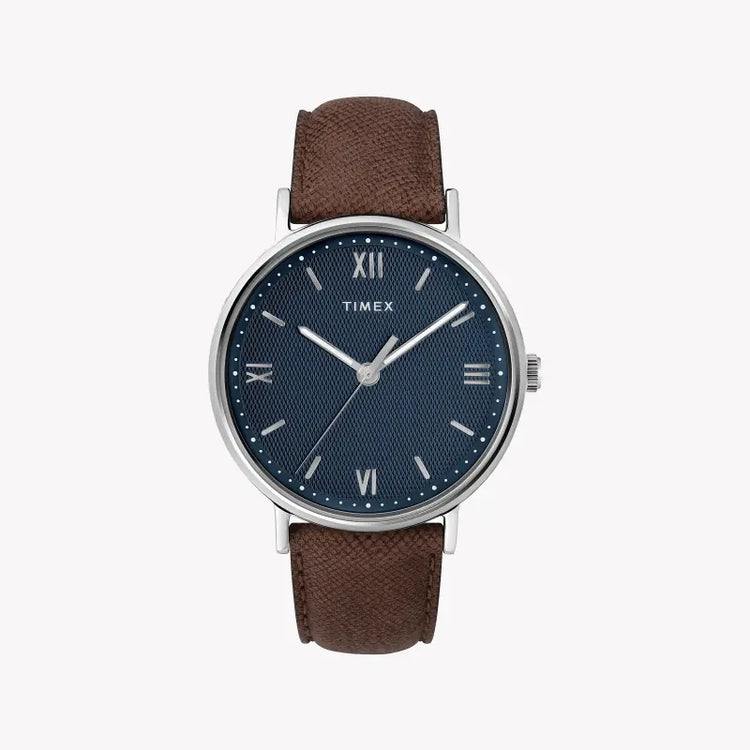 Timex Men's Brown Leather Watch, Blue Dial | TW2T34800