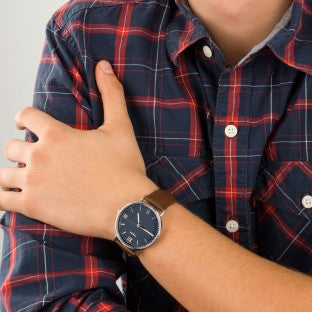 Timex Men's Brown Leather Watch, Blue Dial | TW2T34800
