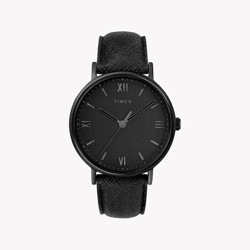 Timex Men's Black Leather Watch, Black Dial | TW2T34900