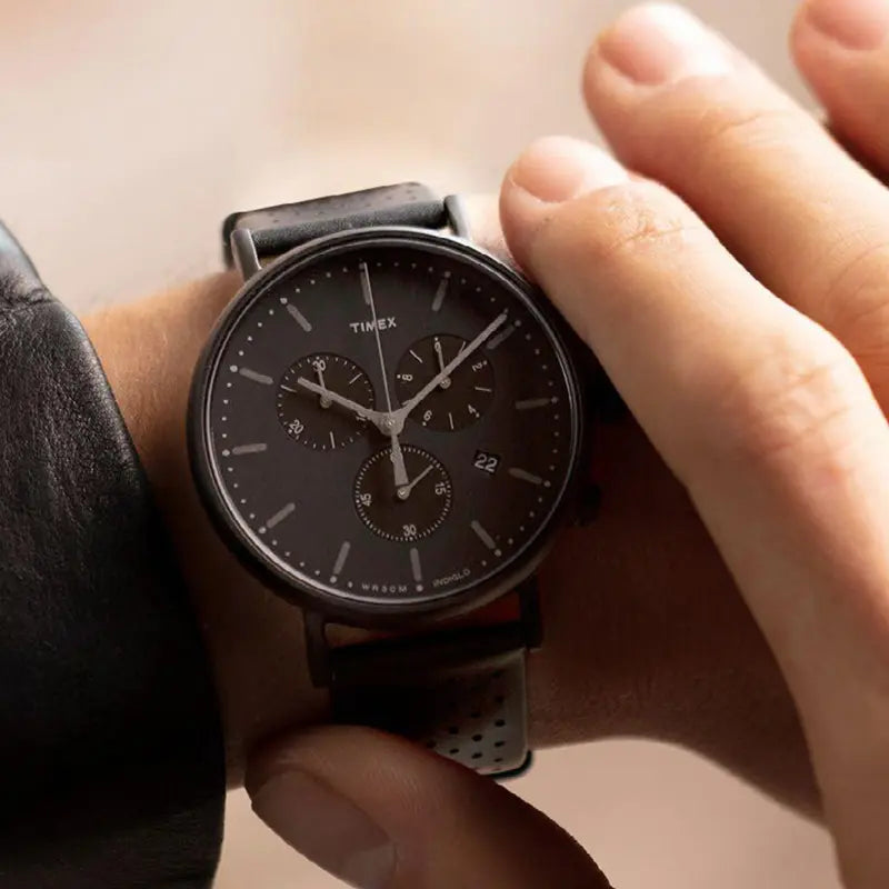Timex Men's Black Leather Watch, Black Dial | TW2T34900