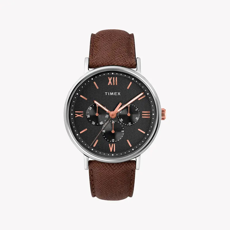 Timex Men's Brown Leather Watch, Black Dial | TW2T35000