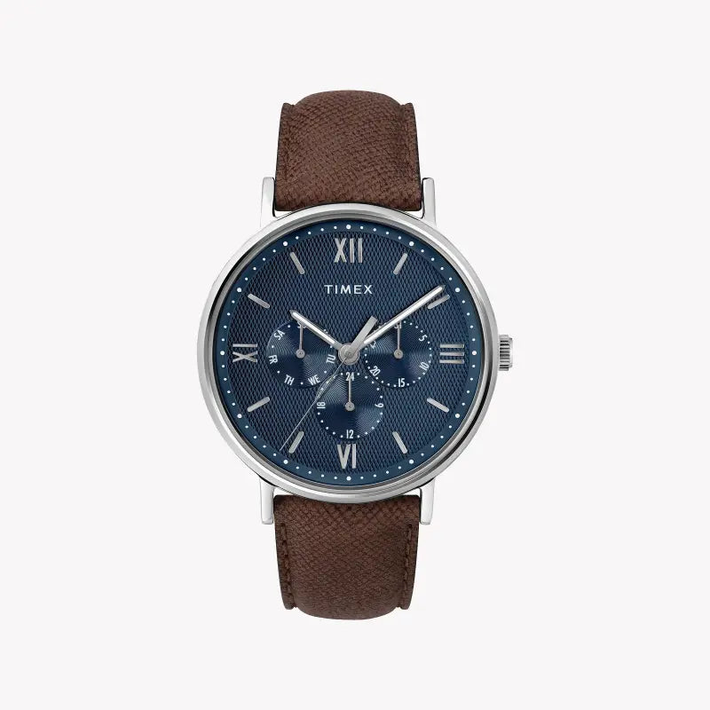 Timex Men's Brown Leather Watch, Blue Dial | TW2T35100