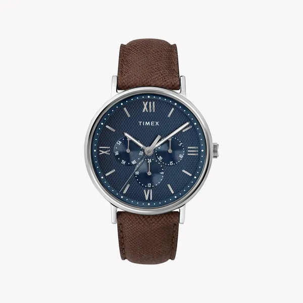 Timex Men's Brown Leather Watch, Blue Dial | Tw2t35100