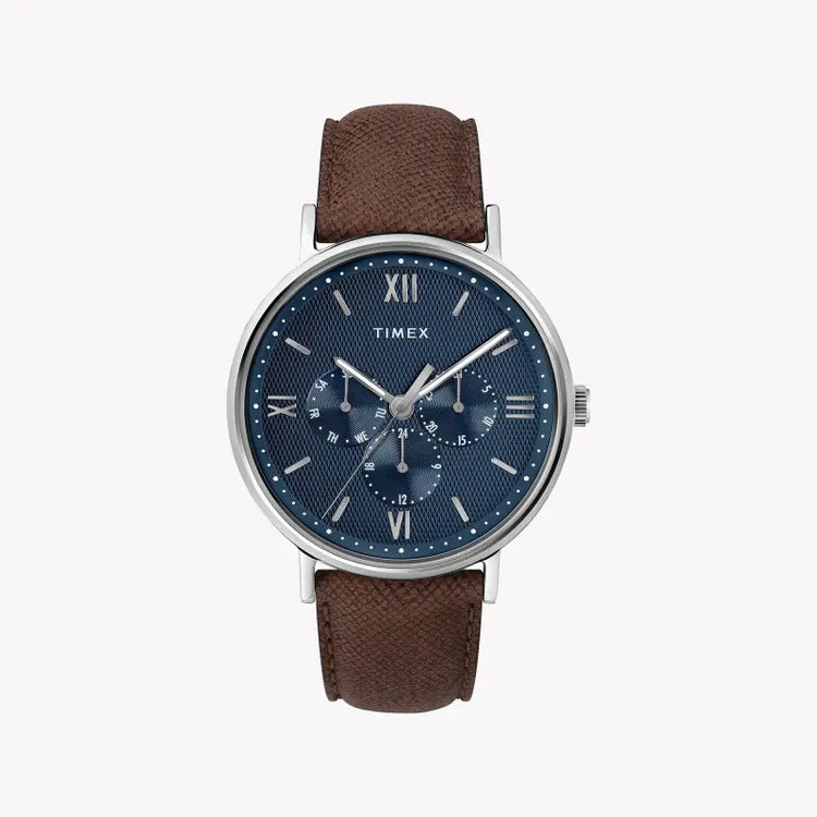 Timex Men's Brown Leather Watch, Blue Dial | TW2T35100