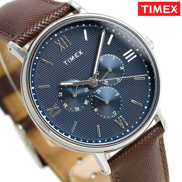 Timex Men's Brown Leather Watch, Blue Dial | TW2T35100