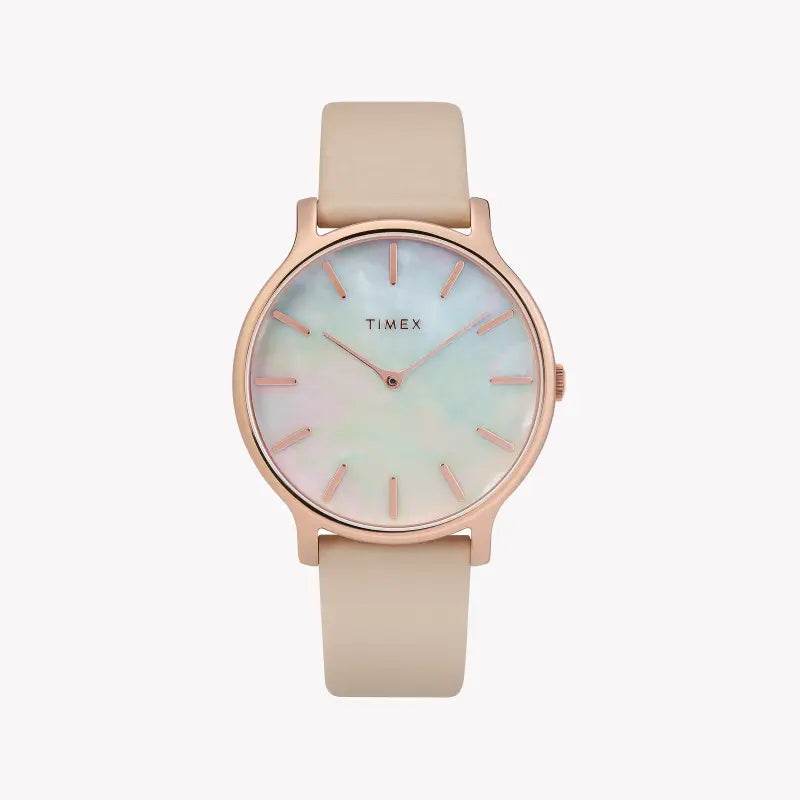 ساعة TIMEX النسائية مع هيكل من النحاس الذهبي الوردي وسوار من الجلد الوردي