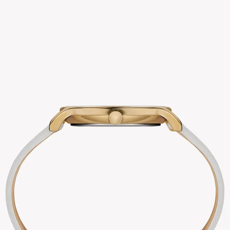 ساعة TIMEX النسائية بهيكل من النحاس الذهبي وسوار من الجلد باللون الأبيض الفاتح