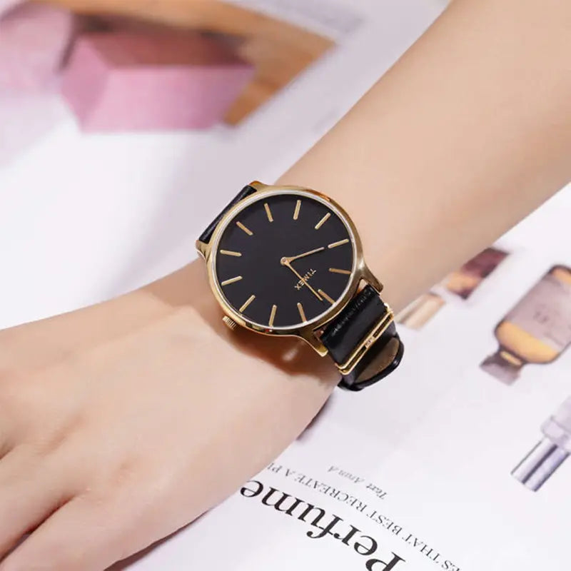 Timex Women's Black Leather Watch, Black Dial | TW2T45300