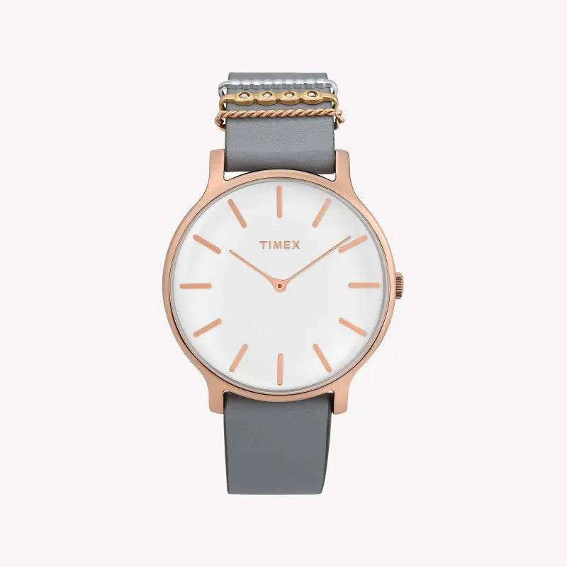 Timex Women's Gray Leather Watch, White Dial | TW2T45400