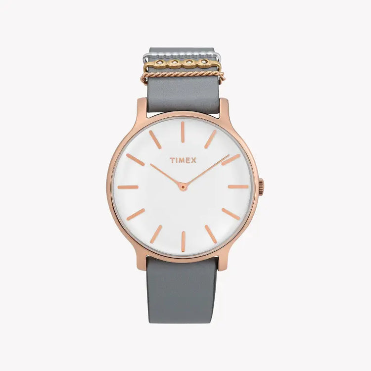 Timex Women's Gray Leather Watch, White Dial | TW2T45400