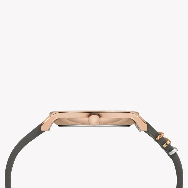 ساعة TIMEX النسائية مع هيكل من النحاس الذهبي الوردي وسوار جلدي رمادي