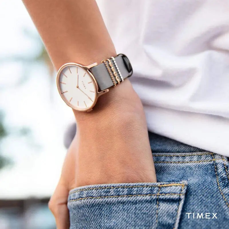 Timex Women's Gray Leather Watch, White Dial | TW2T45400
