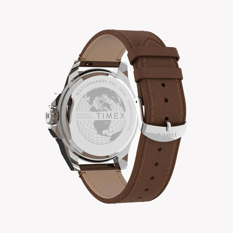 مجموعة TIMEX CITY TW2U15000 - ساعة رجالية أنيقة من ESSSEX AVENUE بسوار من الجلد البني وقرص أزرق