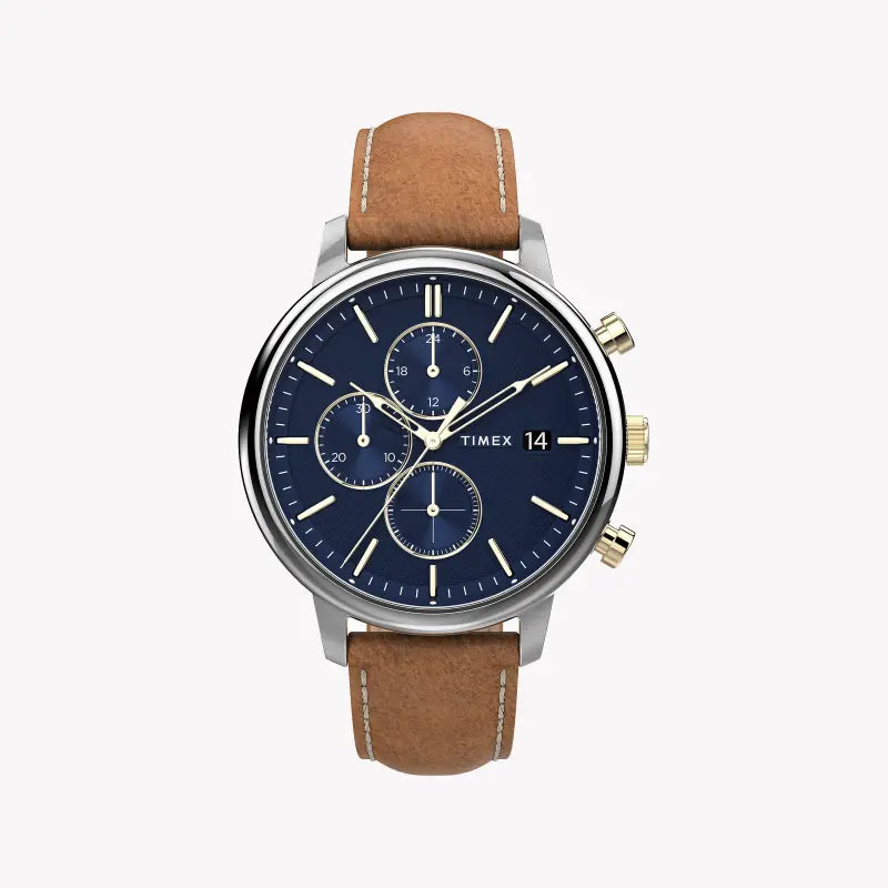 TIMEX CITY COLLECTION CHICAGO TW2U39000 – HERRENUHR MIT BLAUEM ZIFFERBLATT UND BRAUNEM LEDER