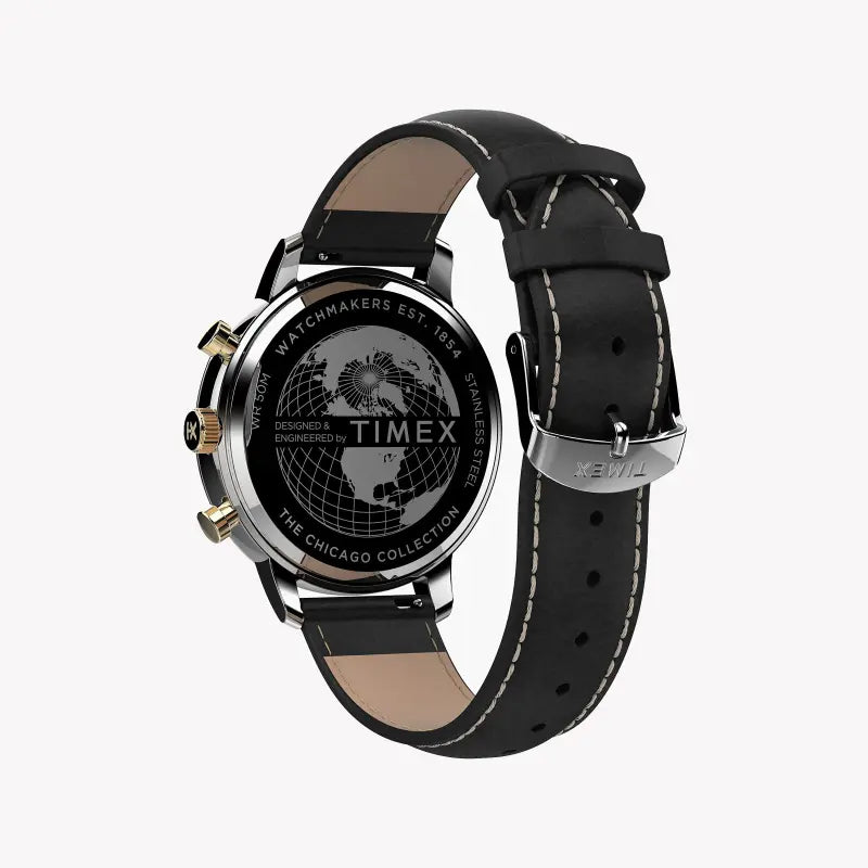 Timex City Collection Chicago TW2U39100 – Herren-Chronographenuhr aus schwarzem Leder und Messing