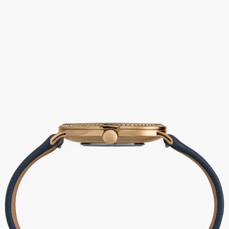 TIMEX Damenuhr mit goldenem Messinggehäuse und blauem Lederarmband