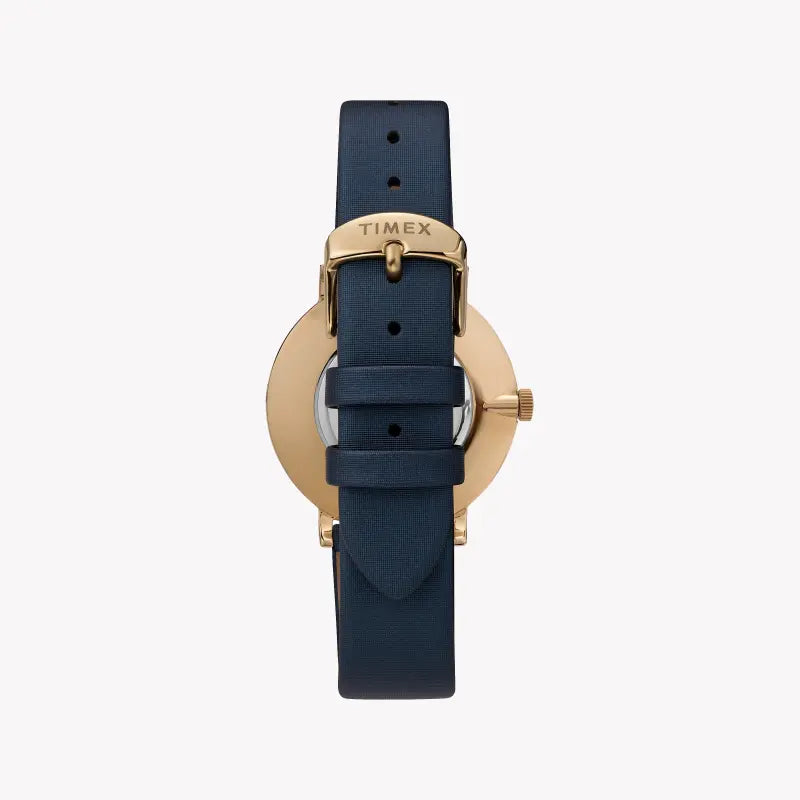 TIMEX Damenuhr mit goldenem Messinggehäuse und blauem Lederarmband