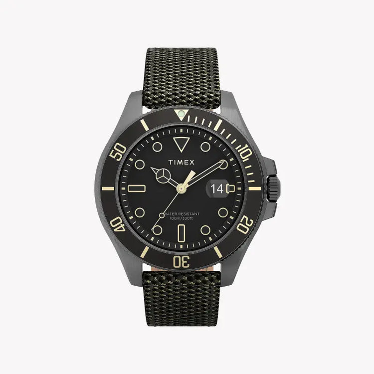 TIMEX CITY COLLECTION HARBORSIDE COAST - MONTRE ÉLÉGANTE POUR HOMMES avec bracelet en tissu vert et cadran noir