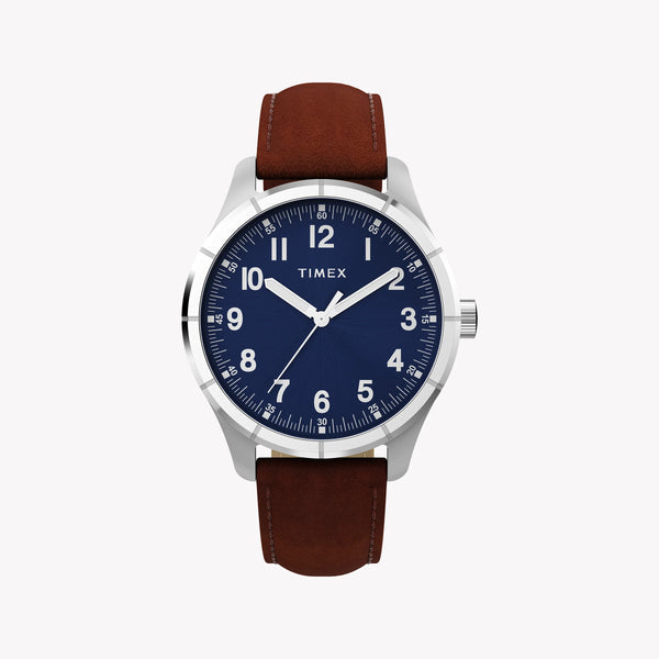 Mens Main Street Silver Tone Case Brown Strap Blue Dial Watch | TW2Y16200 by i-watch