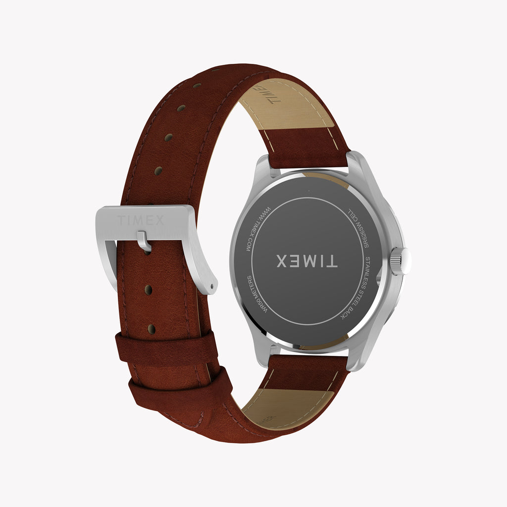 Mens Main Street Silver Tone Case Brown Strap Blue Dial Watch | TW2Y16200