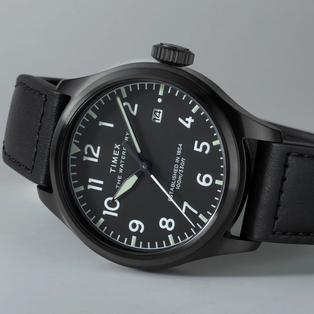 Waterbury ACE SST Black Dial Black Leather Strap Watch TW2Y18900