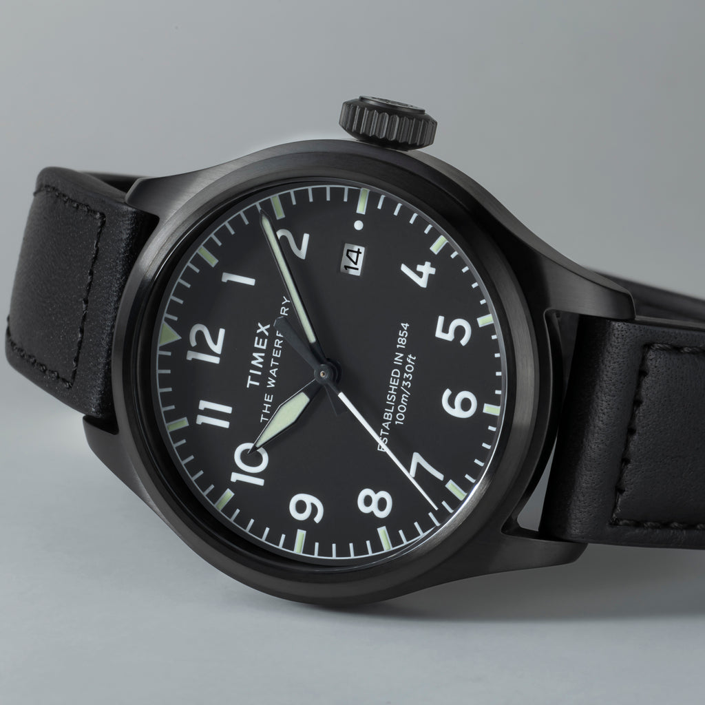 Waterbury ACE SST Black Dial Black Leather Strap Watch TW2Y18900