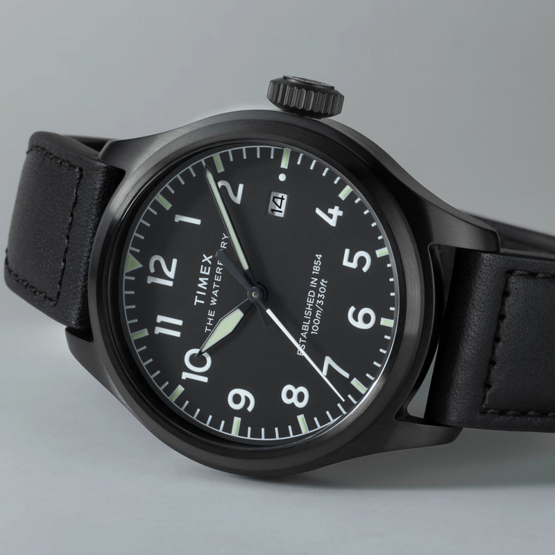 Waterbury ACE SST Black Dial Black Leather Strap Watch TW2Y18900