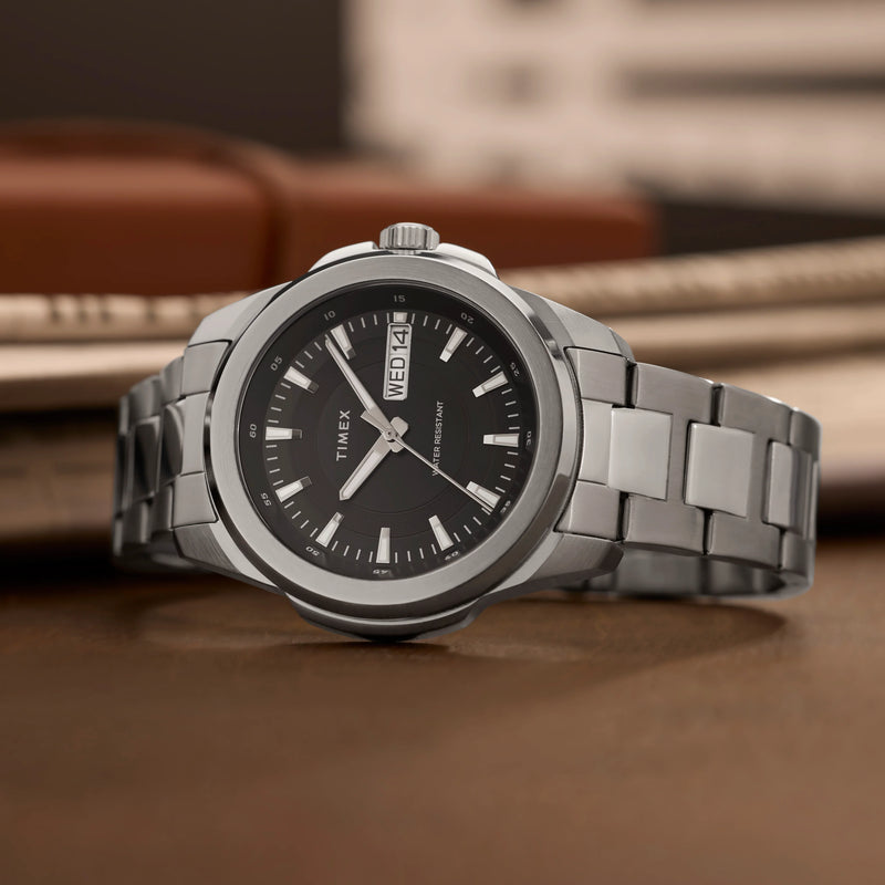 Essex 3-Hand Black Dial SST Bracelet | TW2Y21000 Stylish Timepiece by i-watch