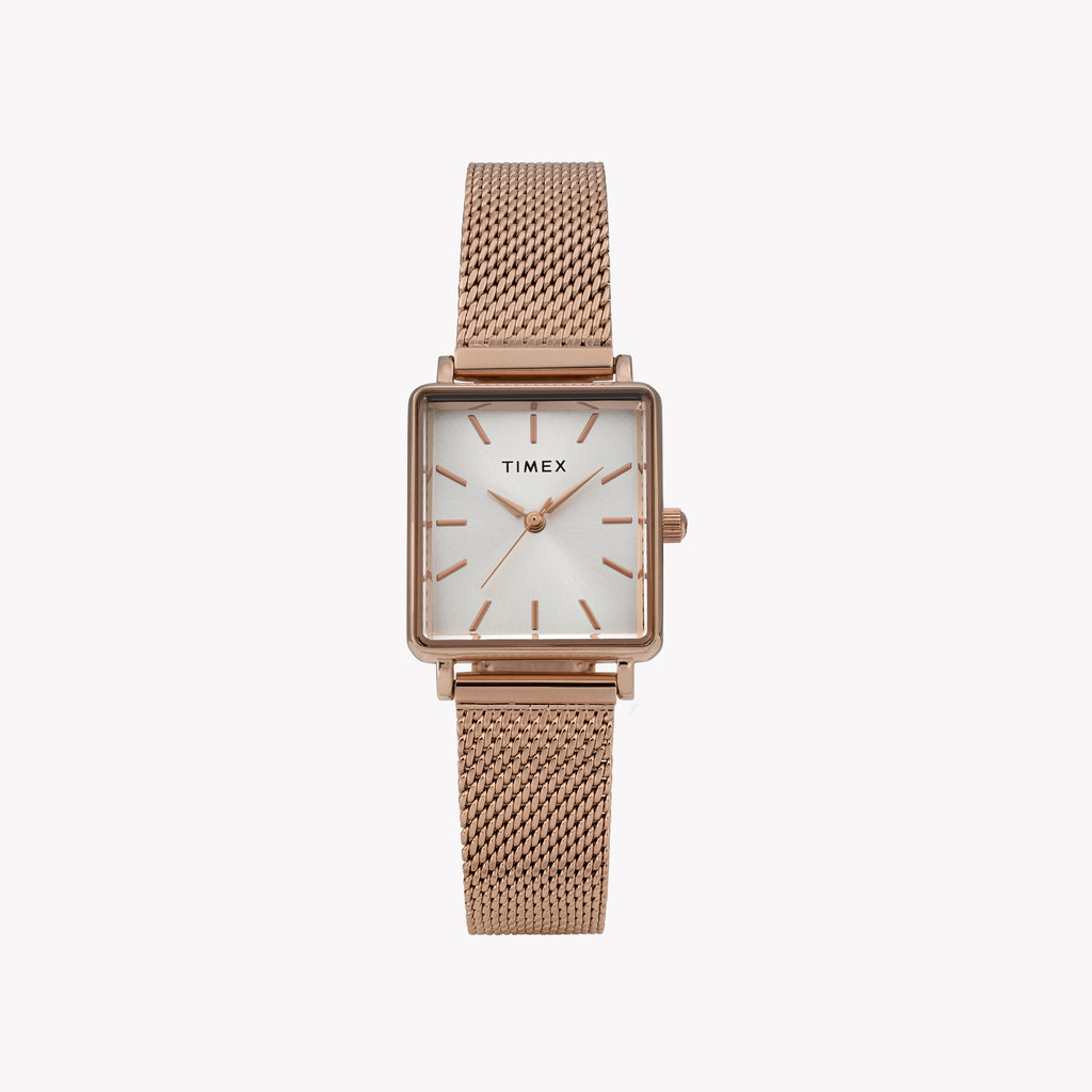 Transcend Rose Gold-tone Rectangle Watch with Silver Dial TW2Y26200 | Women’s Elegant Timepiece