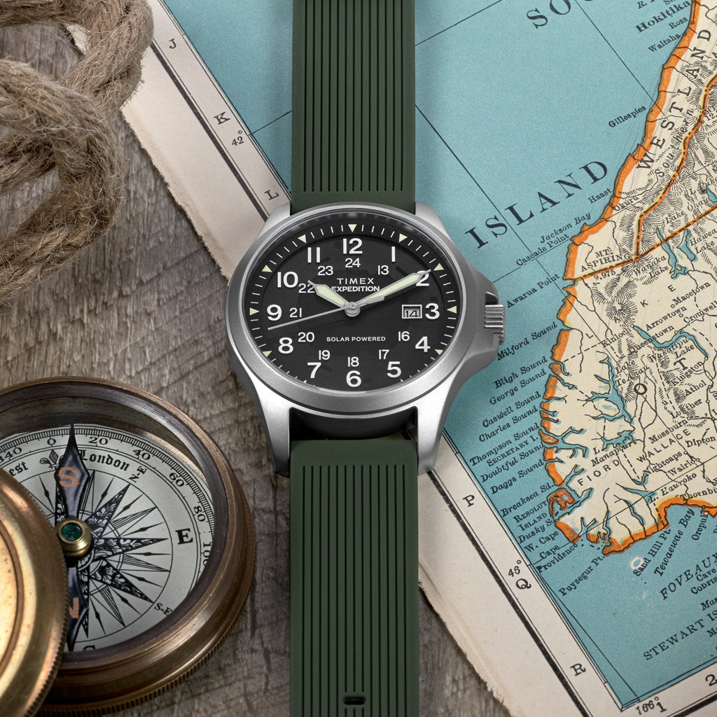 Expedition Field Post Solar 41mm SST Black Dial Green Silicone Strap | TW2Y31600