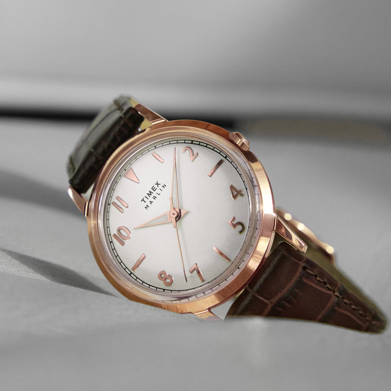 Marlin 34mm Rose Gold Tone Case Brown Strap Silver Dial TW2Y37700 by i-watch