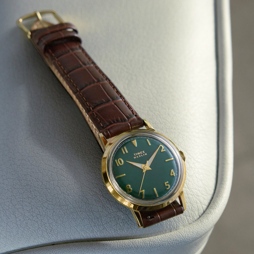 Marlin 34mm Gold Tone Case Brown Strap Green Dial Watch | TW2Y37800