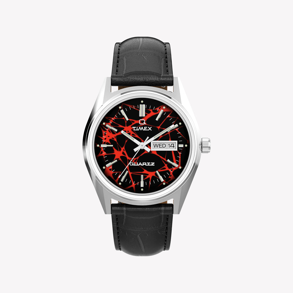 TIMEX Men's Red Dial Silver Steel, Black Leather | TW2Y55700