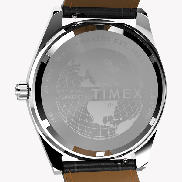 TIMEX Men's Red Dial Silver Steel, Black Leather | TW2Y55700