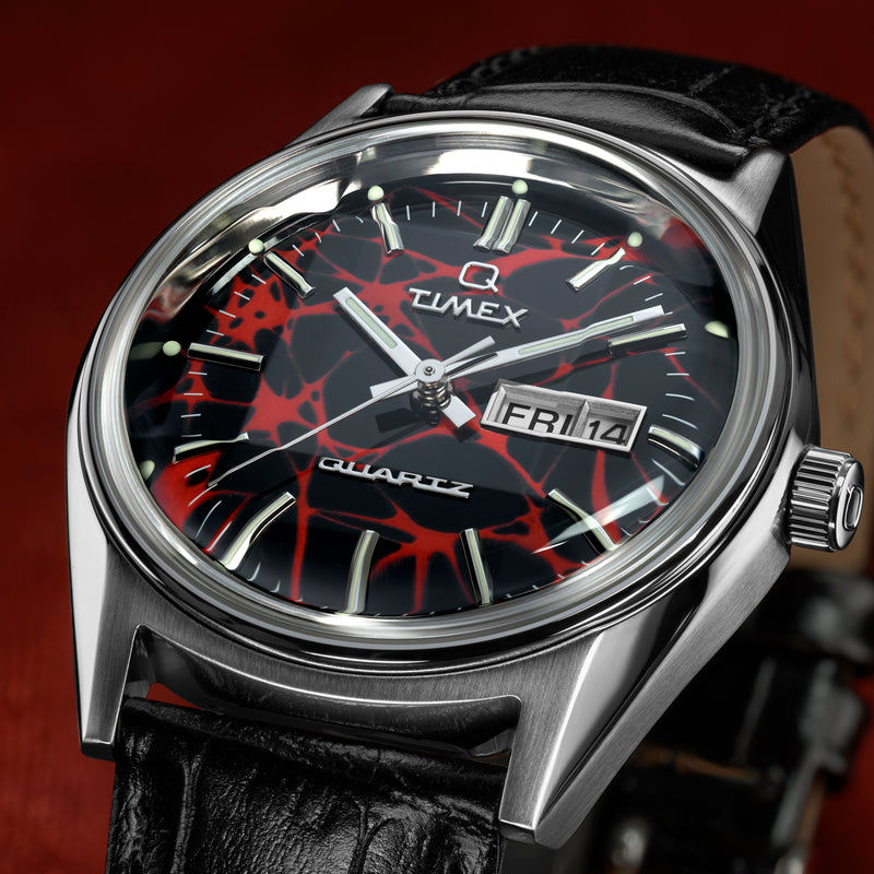 TIMEX Men's Red Dial Silver Steel, Black Leather | TW2Y55700