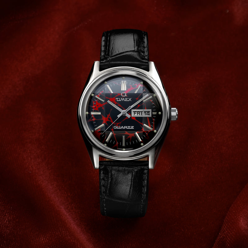 TIMEX Men's Red Dial Silver Steel, Black Leather | TW2Y55700