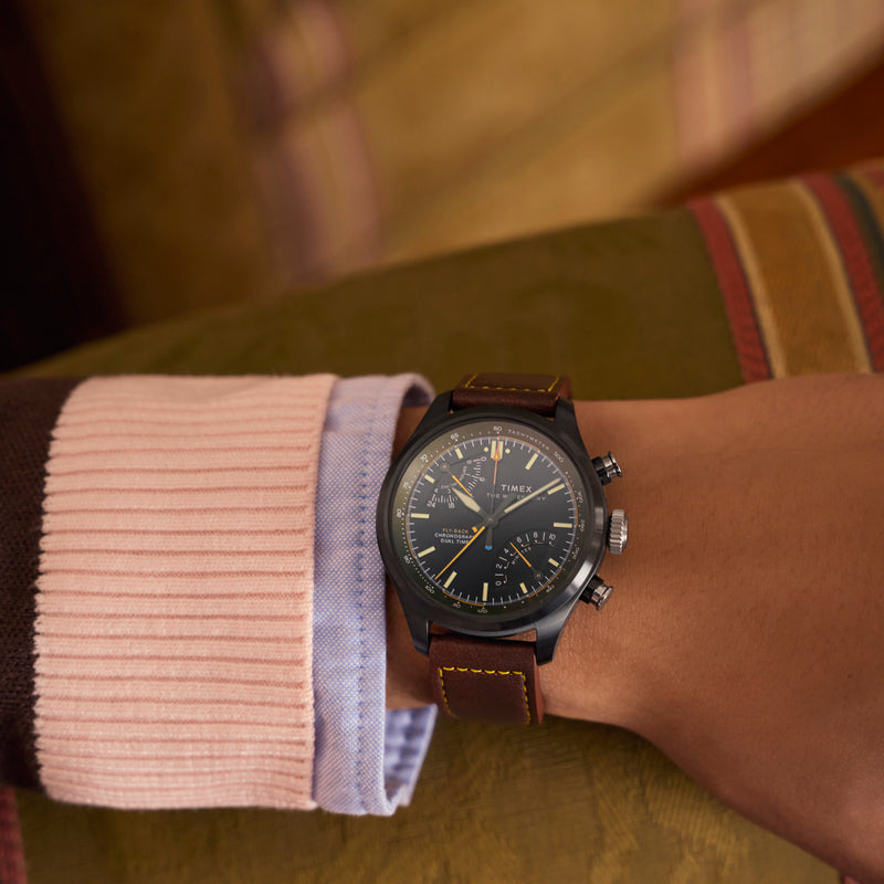 TIMEX Men's Black Case Brown Leather, Black Dial | TW2Y70100