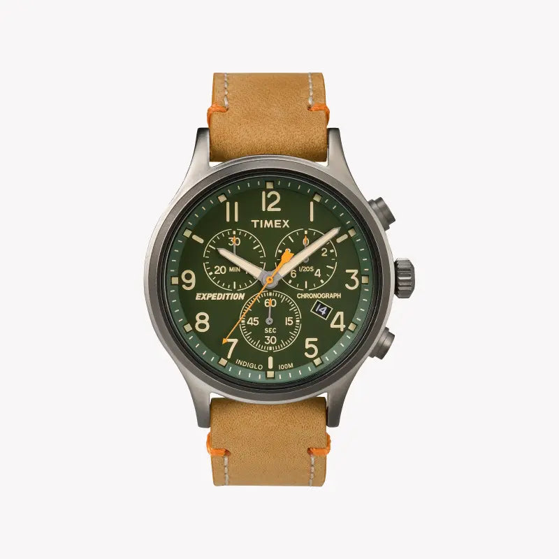 TIMEX Expedition Scout TW4B04400 - ساعة رجالية متينة بسوار جلدي أسمر وقرص أخضر
