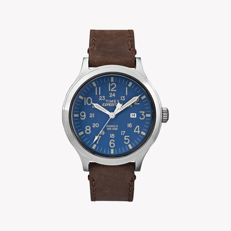 TIMEX Expedition Scout TW4B06400 - ساعة رجالية متينة بسوار من الجلد البني والاتصال الهاتفي الأزرق