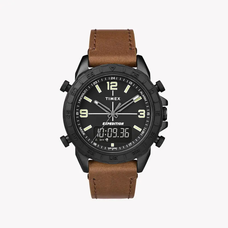Timex Men's Brass Black Dial Watch, Brown Leather Strap | Tw4b17400