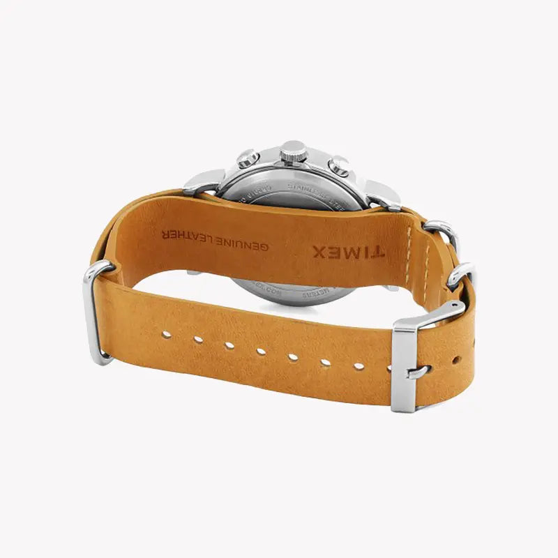 Montre pour femme TIMEX avec boîtier en laiton argenté et bracelet en cuir marron clair