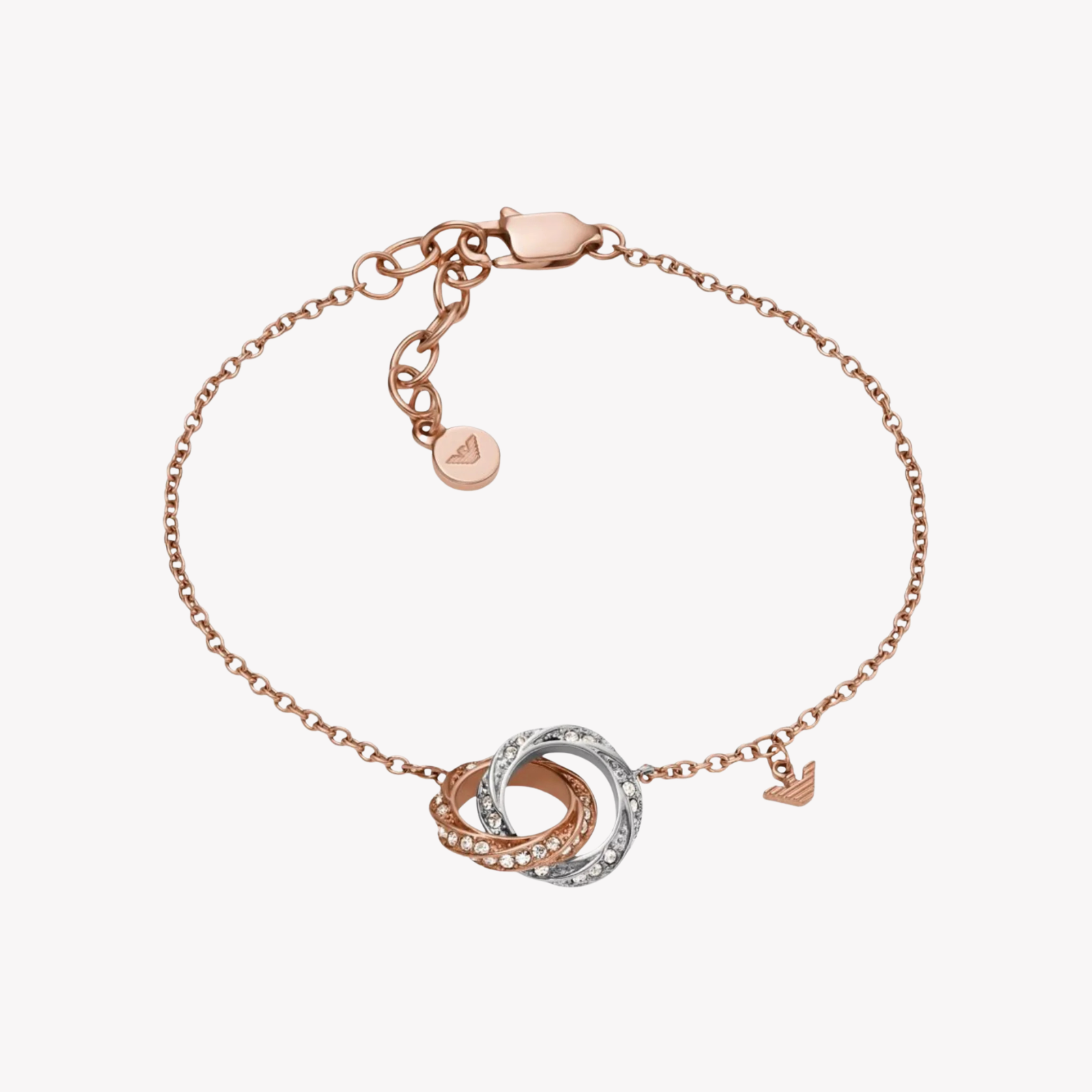 Emporio Armani Women's Silver & Rose Gold Bracelet, Crystal Interlocking Rings | EGS3005221