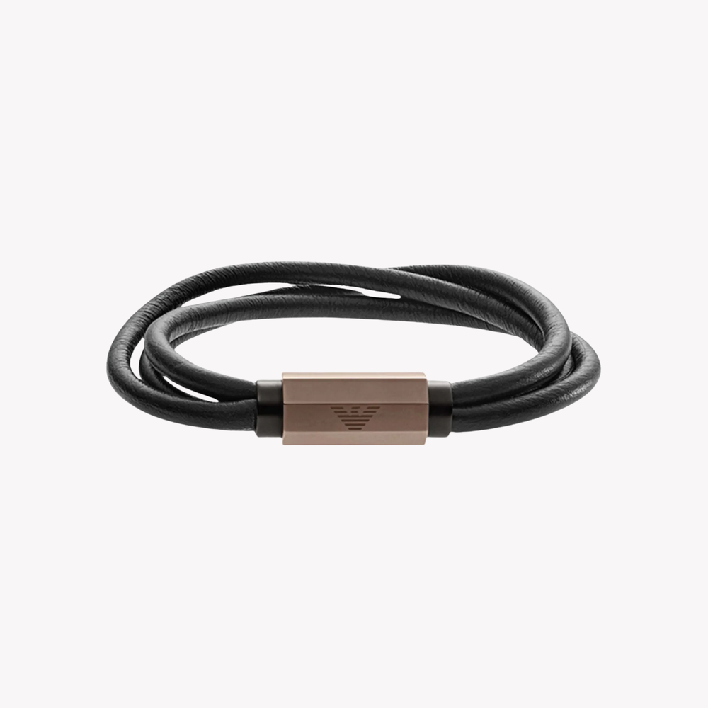 Emporio Armani Men's Black & Rose Gold Bracelet, Leather & Eagle Logo | EGS2434200