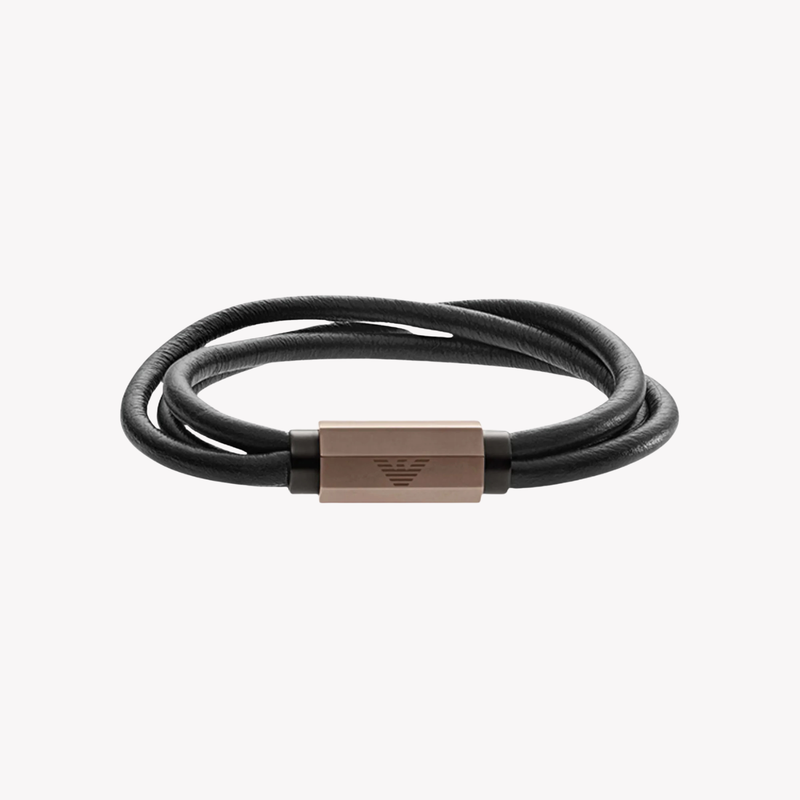 Emporio Armani Men's Black & Rose Gold Bracelet, Leather & Eagle Logo | EGS2434200